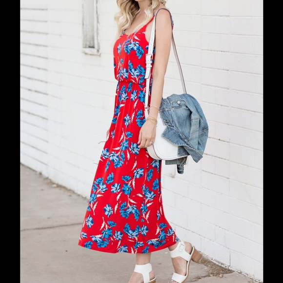 CeCe Dresses & Skirts - CeCe Vibrant Red Floral Maxi Dress M
